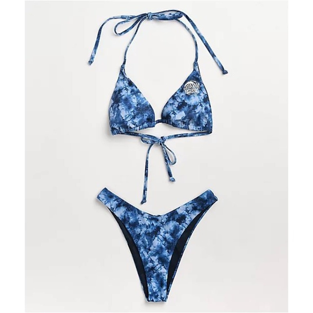 Santa Cruz Wave Dot Blue Tie Dye High Leg Triangle Halter Two Piece Bikini Sz SM